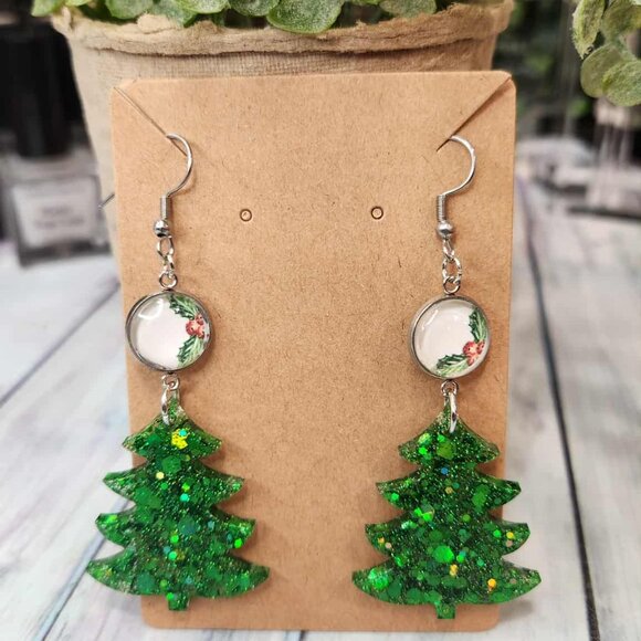 Glitter Christmas Tree Earrings | Resin Dangle Earrings with Color Street Caboch - Picture 5 of 7